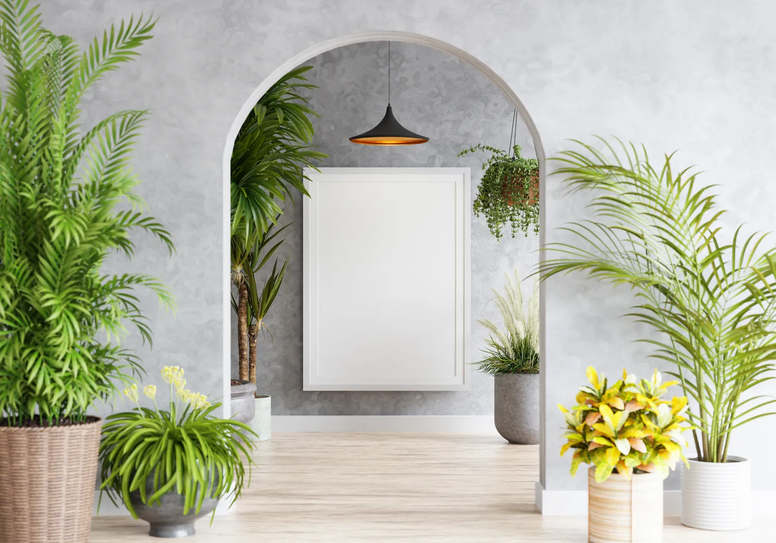 Indoor archway with various potted plants and blank frame.