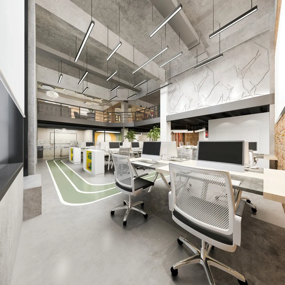 Modern office space with open layout and computers.