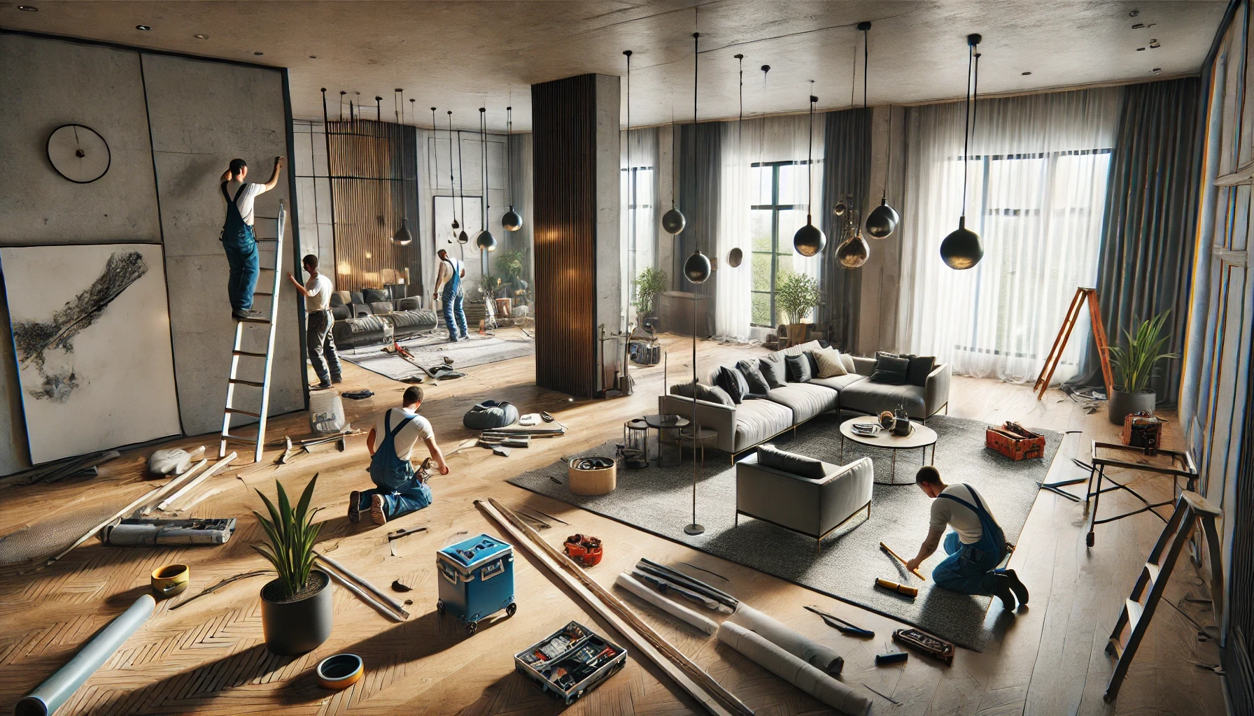 Renovation team working in modern living room.