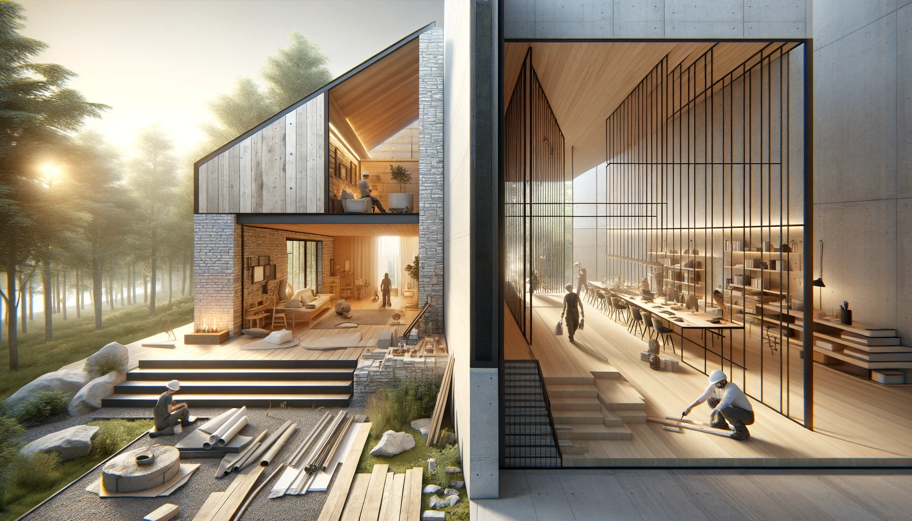 Modern interior and exterior home design in forest setting.